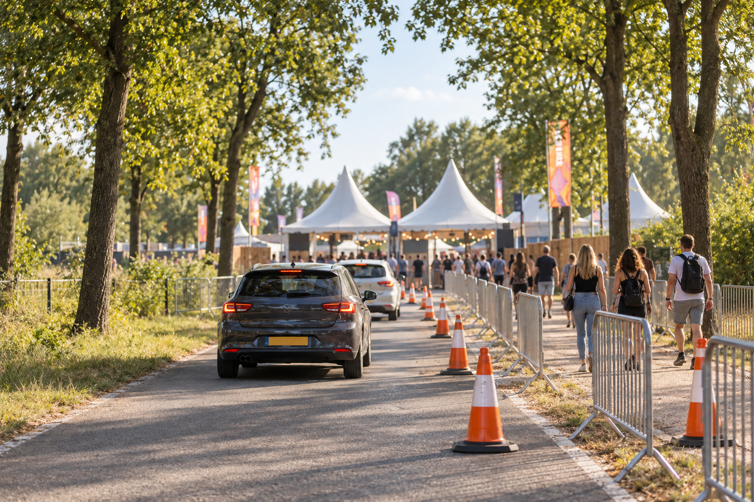 De toegangsroute voor aankomende bezoekers van een festival